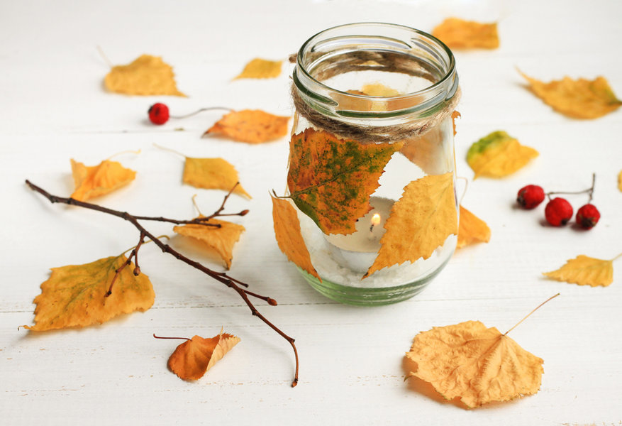 Podzimní dekorace - listí v zavařovací sklenici